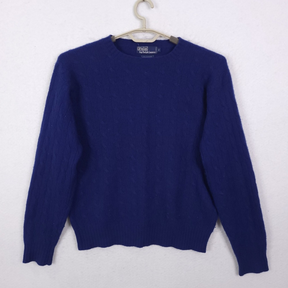 Polo Ralph Lauren Sweater Mens 42 Blue 100% Cashmere Cable Knit Crew Neck